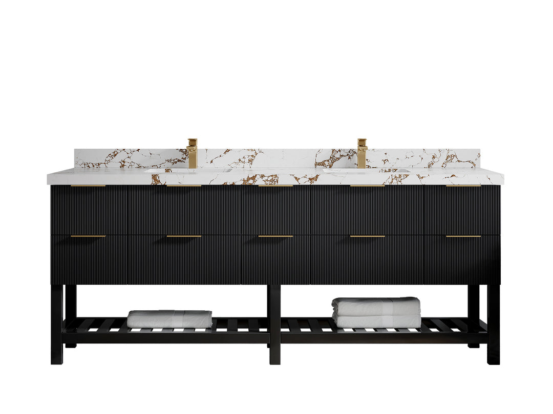 Catalina 84 in. W x 22 in. D Double Sink Bathroom Vanity in Black with 2 in Viola Brown Quartz Countertop