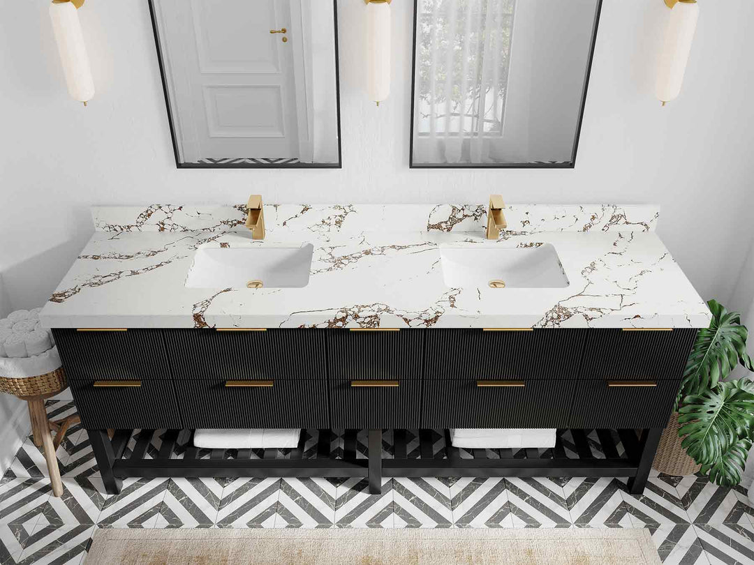 Catalina 84 in. W x 22 in. D Double Sink Bathroom Vanity in Black with 2 in Viola Brown Quartz Countertop - Top View