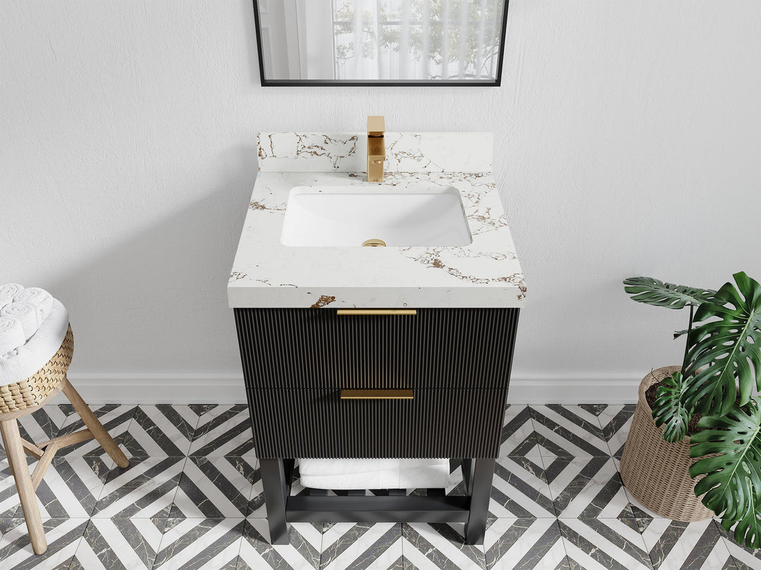 Catalina 24 in. W x 22 in. D Single Sink Bathroom Vanity in Black with 2 in Viola Gold Quartz Countertop - Top View