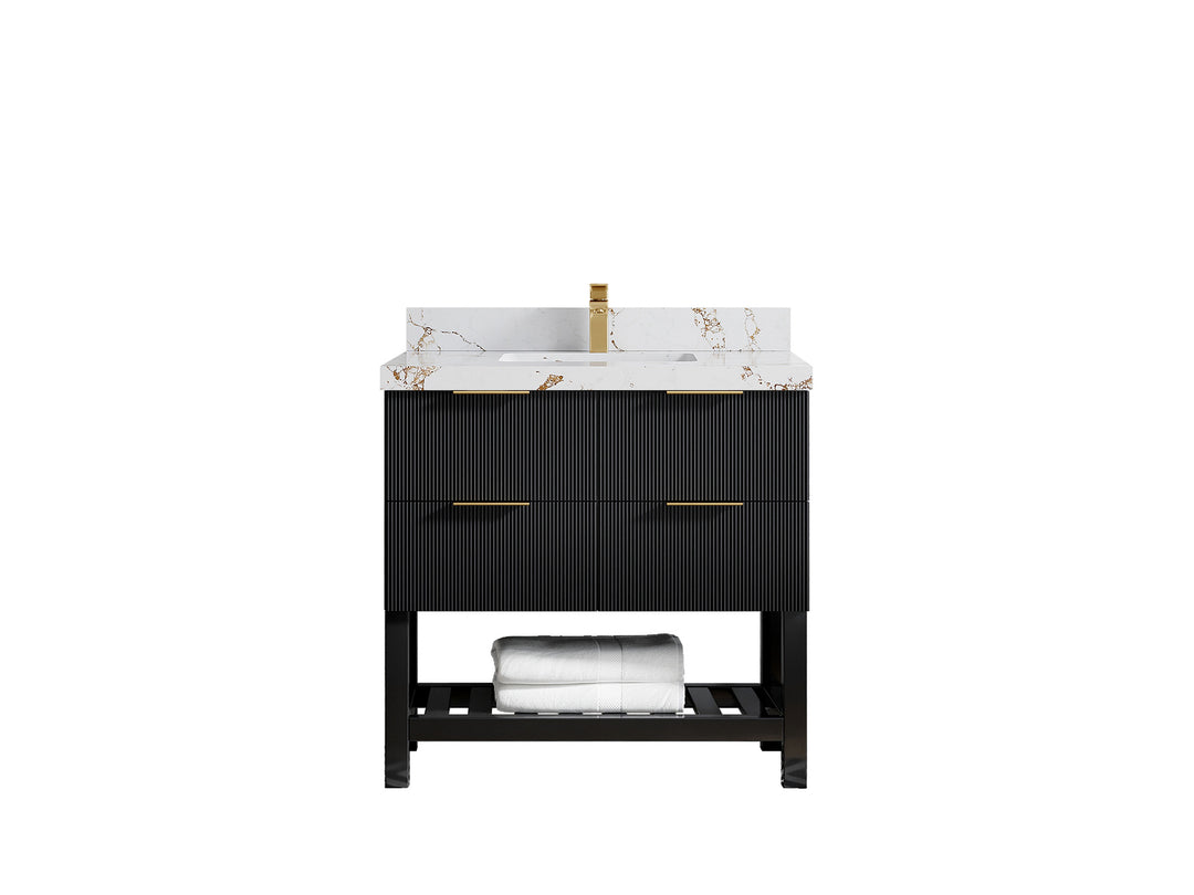 Catalina 36 in. W x 22 in. D Single Sink Bathroom Vanity in Black with 2 in Viola Gold Quartz Countertop 