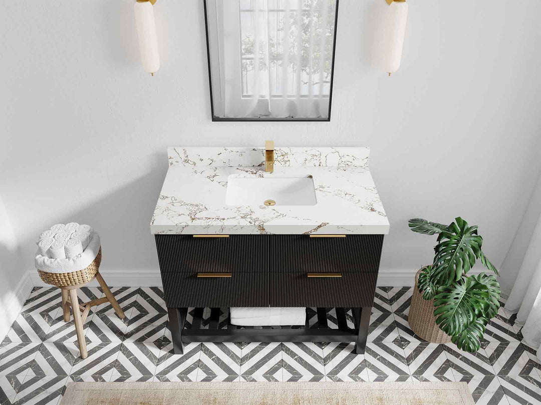 Catalina 42 in. W x 22 in. D Single Sink Bathroom Vanity in Black with 2 in Viola Gold Quartz Countertop Top View