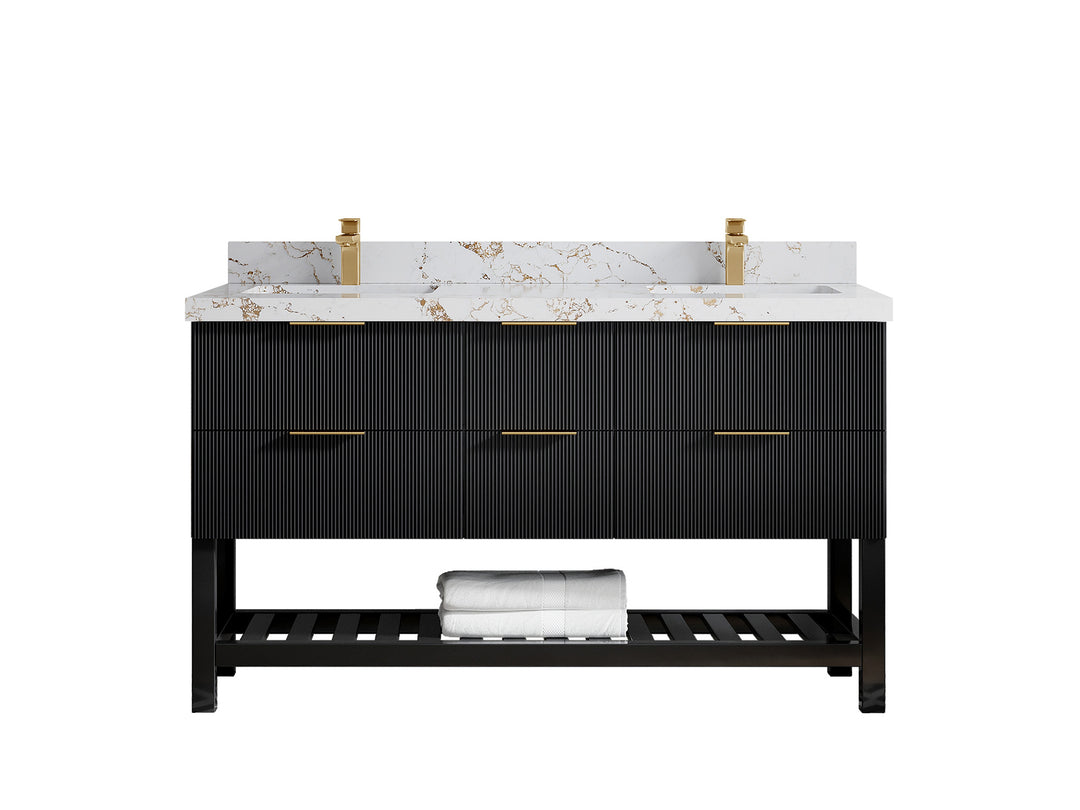 Catalina 60 in. W x 22 in. D Double Sink Bathroom Vanity in Black with 2 in Viola Gold Quartz Countertop