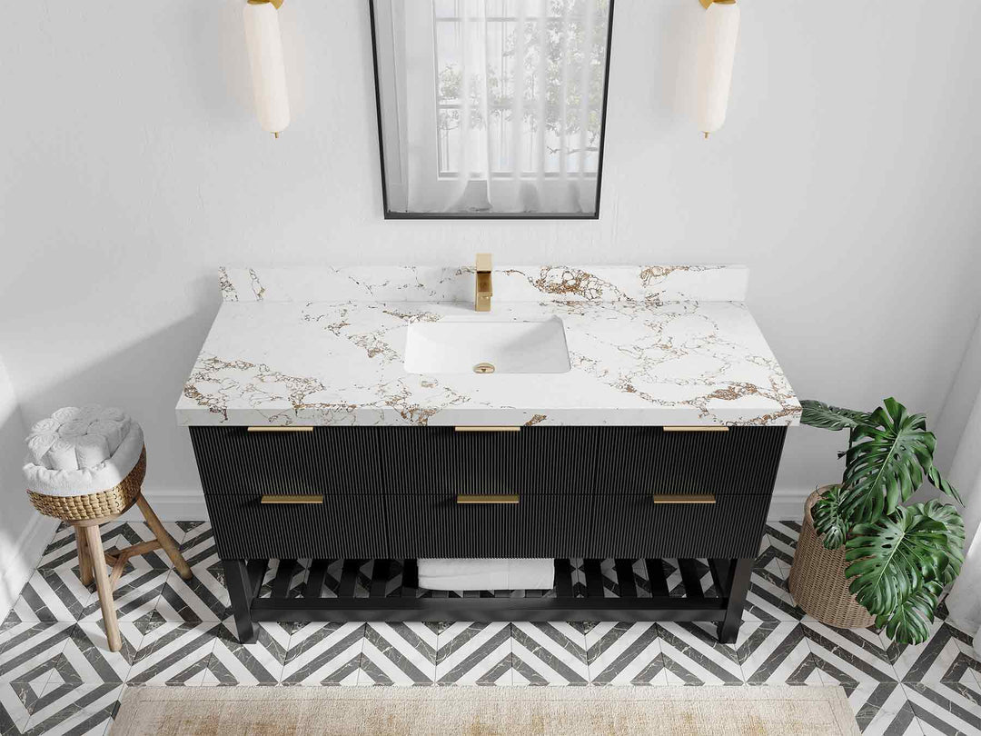 Catalina 60 in. W x 22 in. D Single Sink Bathroom Vanity in Black with 2 in Viola Gold Quartz Countertop - Top View