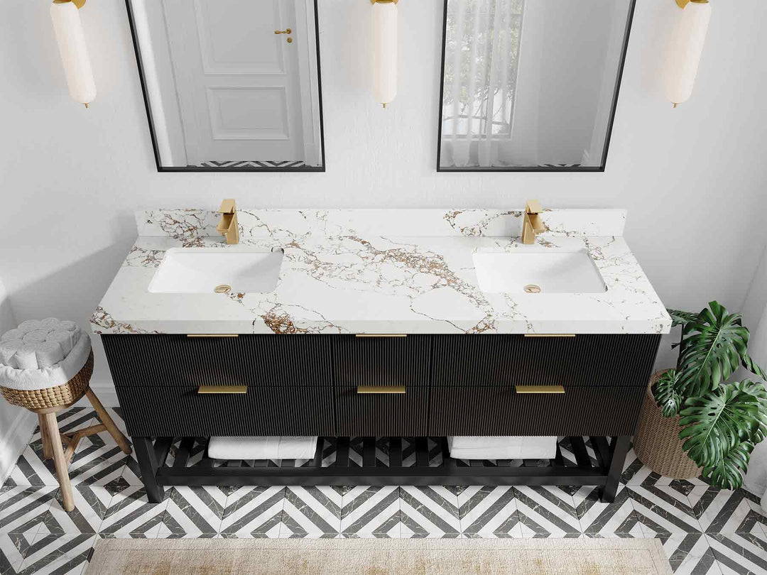Catalina 72 in. W x 22 in. D Double Sink Bathroom Vanity in Black with 2 in Viola Gold Quartz Countertop - Top View