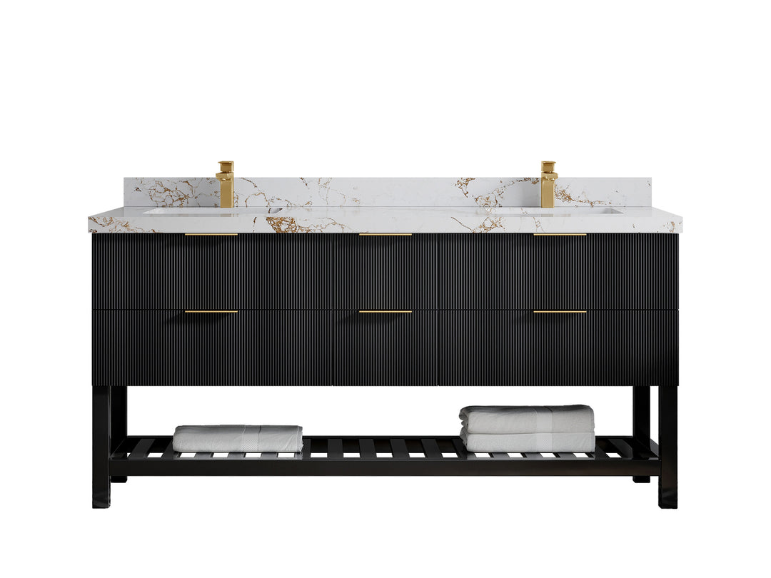 Catalina 72 in. W x 22 in. D Double Sink Bathroom Vanity in Black with 2 in Viola Gold Quartz Countertop