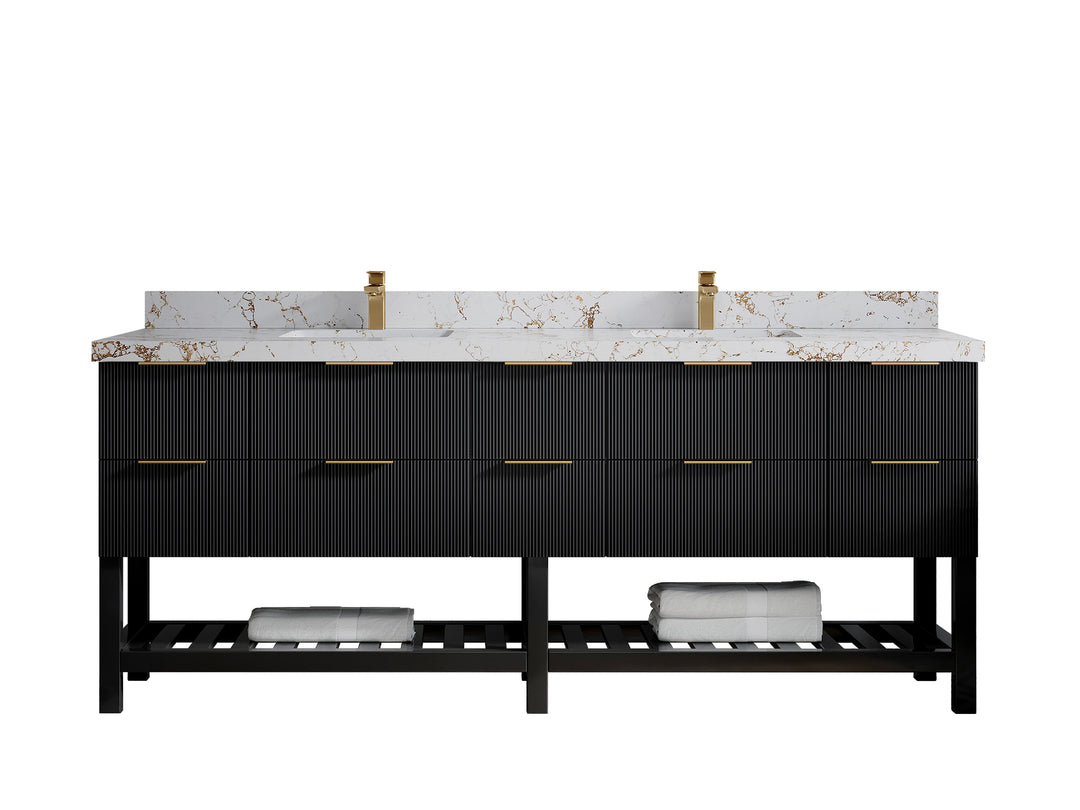 Catalina 84 in. W x 22 in. D Double Sink Bathroom Vanity in Black with 2 in Viola Gold Quartz Countertop