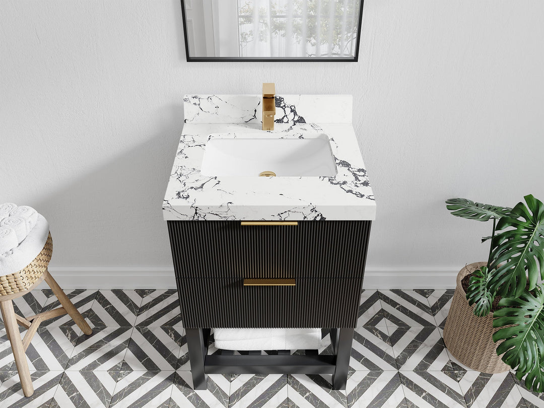Catalina 24 in. W x 22 in. D Single Sink Bathroom Vanity in Black with 2 in Viola Night Quartz Countertop - Top View