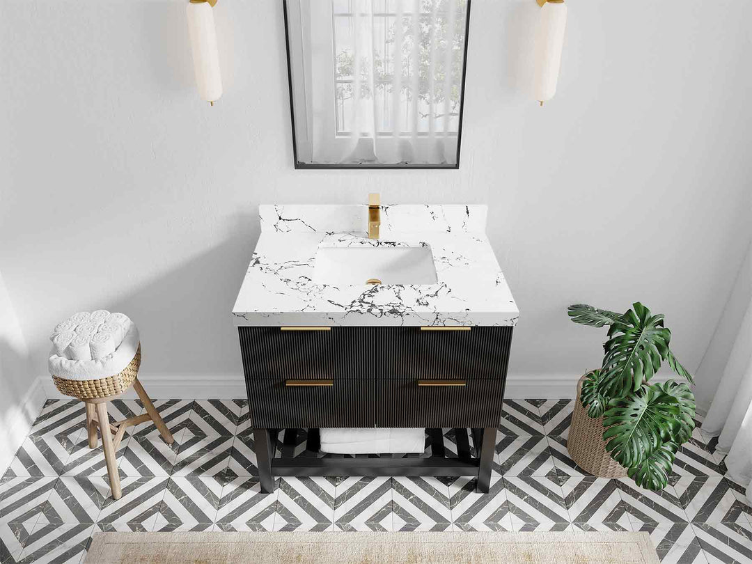 Catalina 36 in. W x 22 in. D Single Sink Bathroom Vanity in Black with 2 in Viola Night Quartz Countertop - Top View