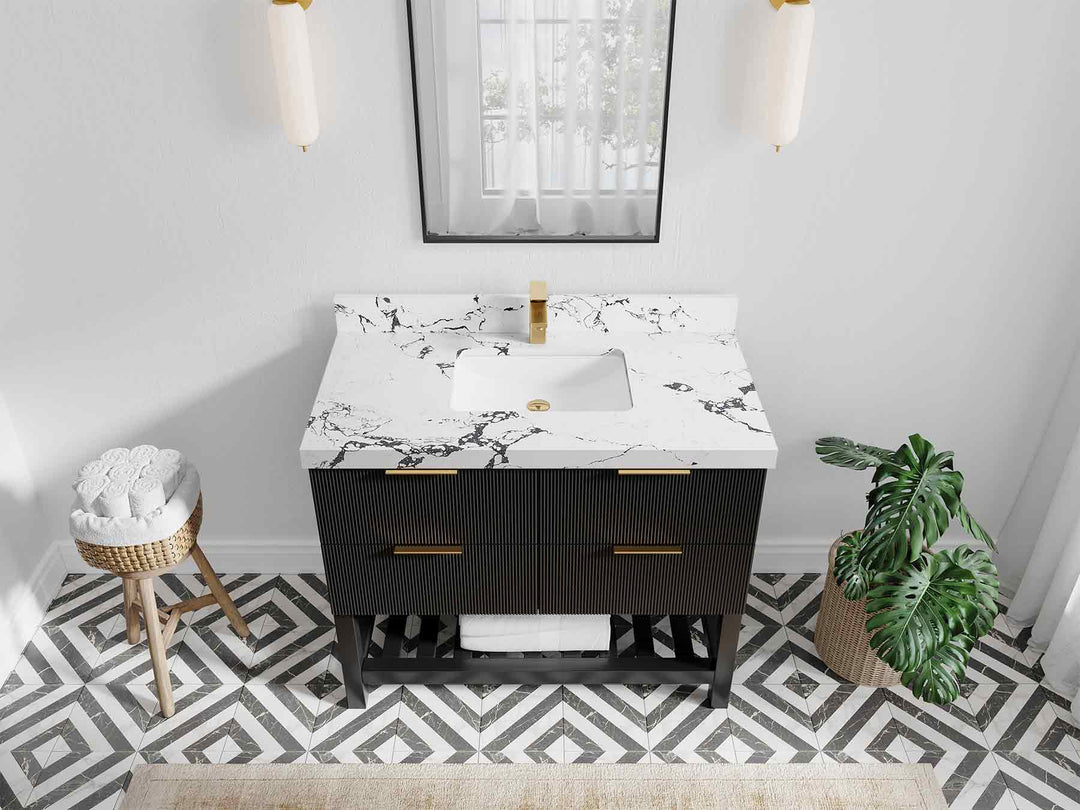 Catalina 42 in. W x 22 in. D Single Sink Bathroom Vanity in Black with 2 in Viola Night Quartz Countertop Top View