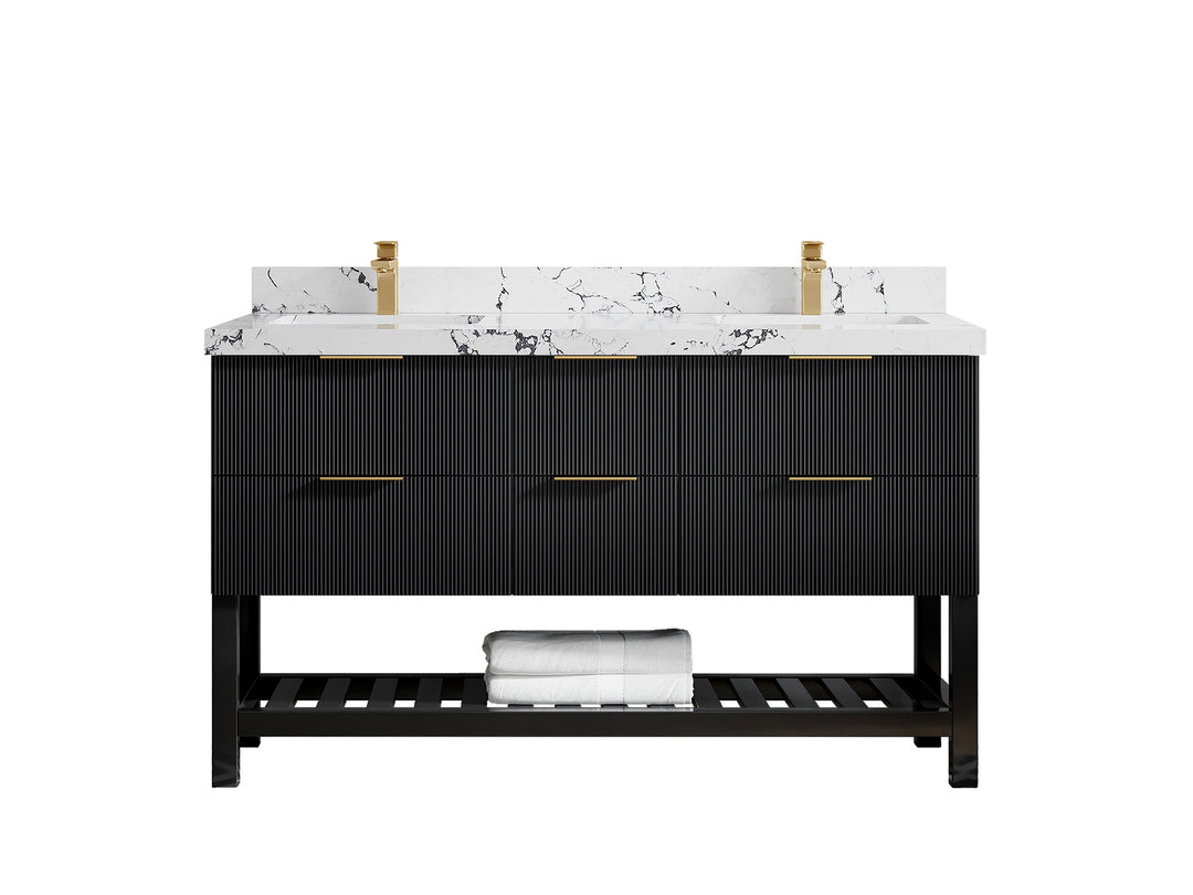 Catalina 60 in. W x 22 in. D Double Sink Bathroom Vanity in Black with 2 in Viola Night Quartz Countertop 