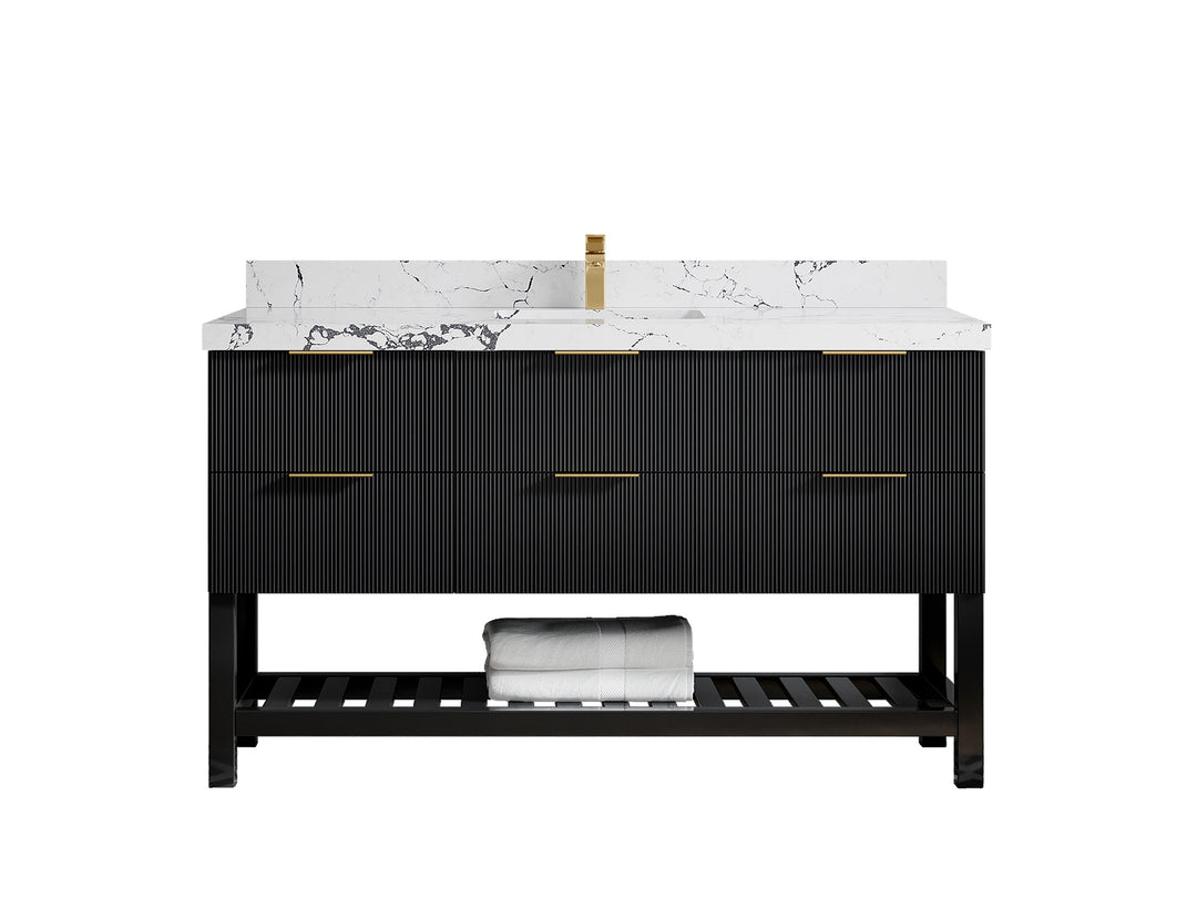 Catalina 60 in. W x 22 in. D Single Sink Bathroom Vanity in Black with 2 in Viola Night Quartz Countertop