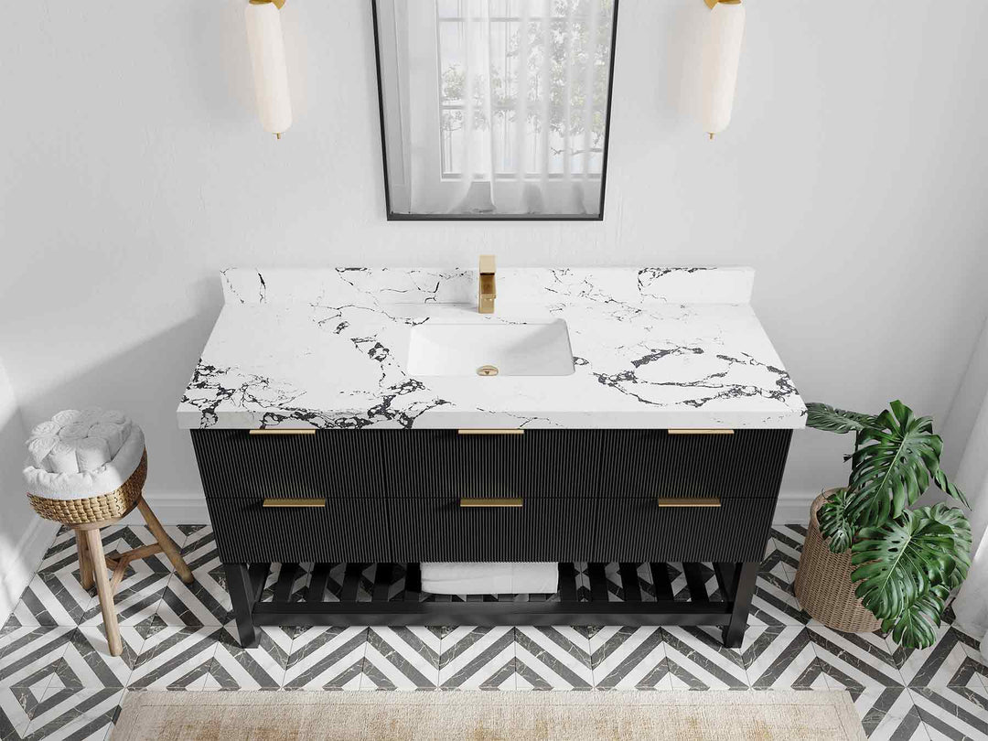 Catalina 60 in. W x 22 in. D Single Sink Bathroom Vanity in Black with 2 in Viola Night Quartz Countertop - Top View