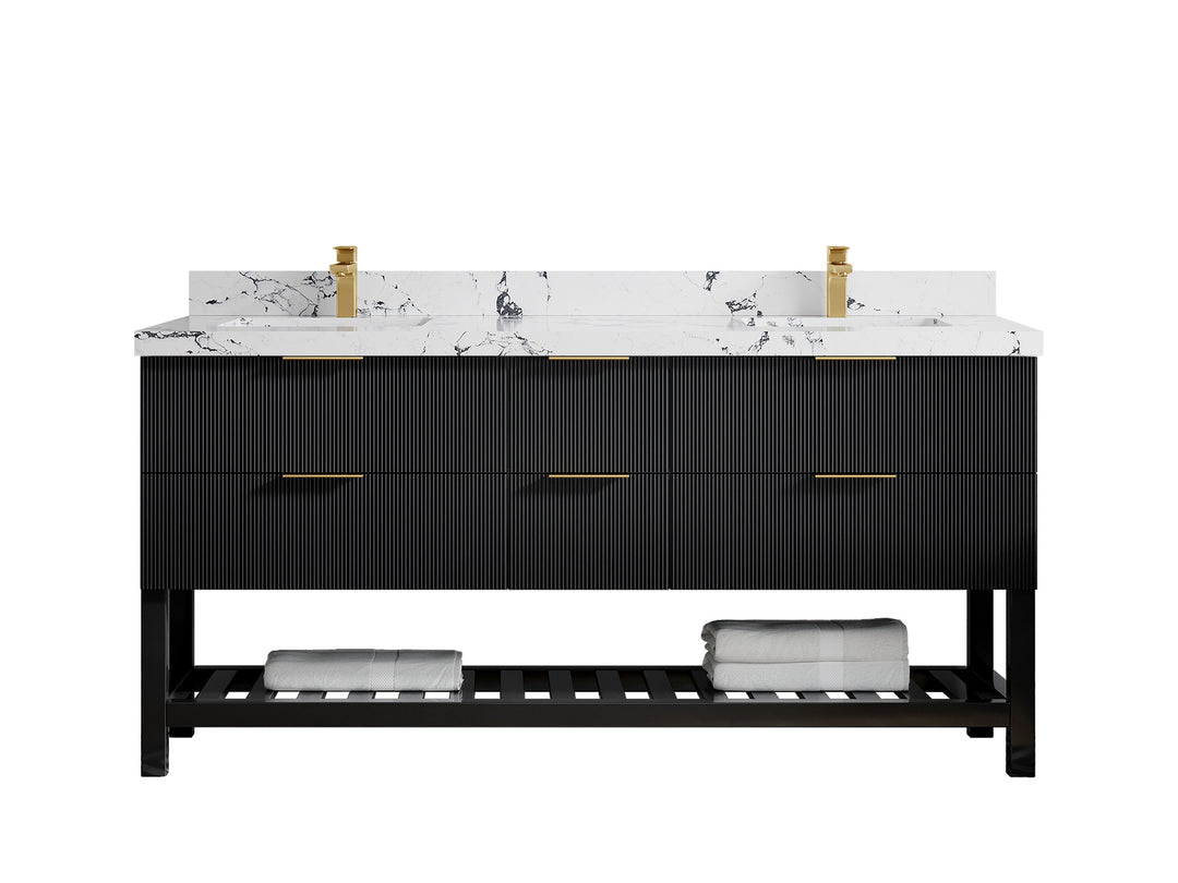 Catalina 72 in. W x 22 in. D Double Sink Bathroom Vanity in Black with 2 in Viola Night Quartz Countertop