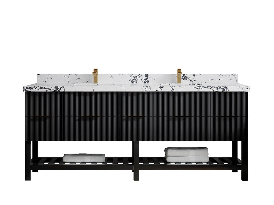 Catalina 84 in. W x 22 in. D Double Sink Bathroom Vanity in Black with 2 in Viola Night Quartz Countertop