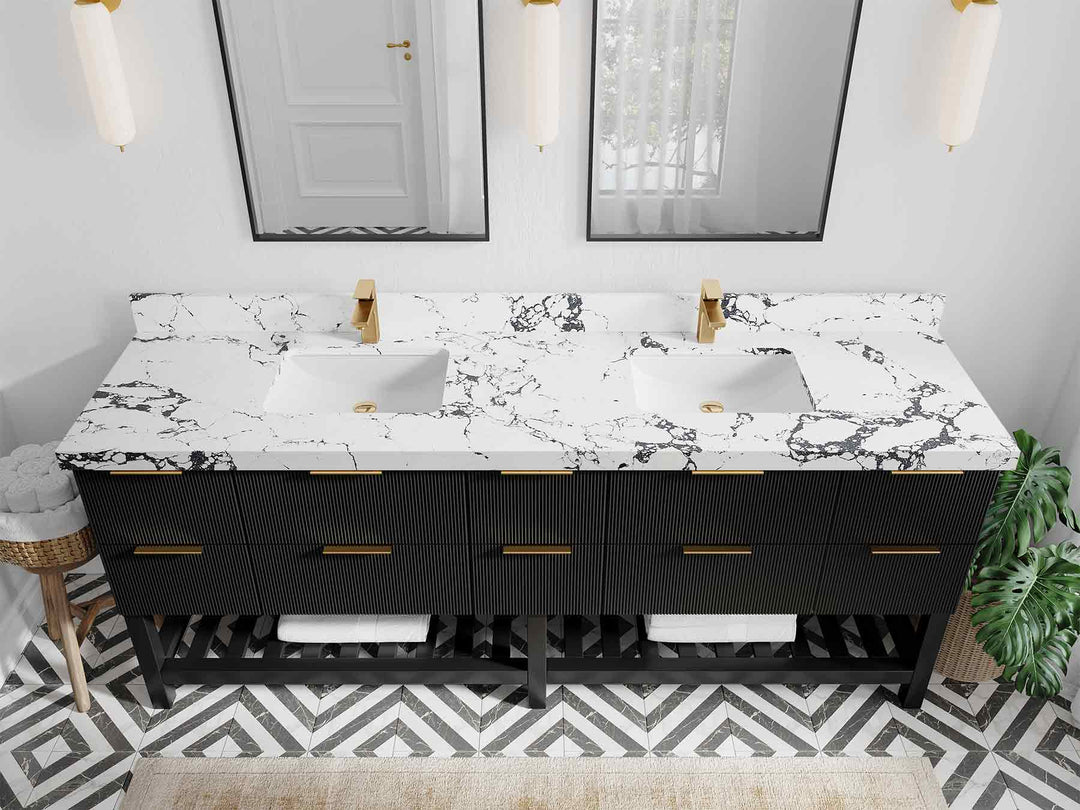Catalina 84 in. W x 22 in. D Double Sink Bathroom Vanity in Black with 2 in Viola Night Quartz Countertop - Top View