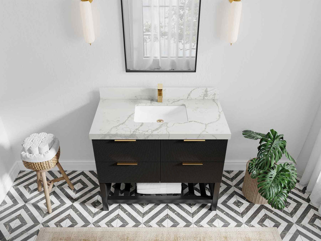 Catalina 42 in. W x 22 in. D Single Sink Bathroom Vanity in Black with 2 in Venatino Quartz Countertop Top View