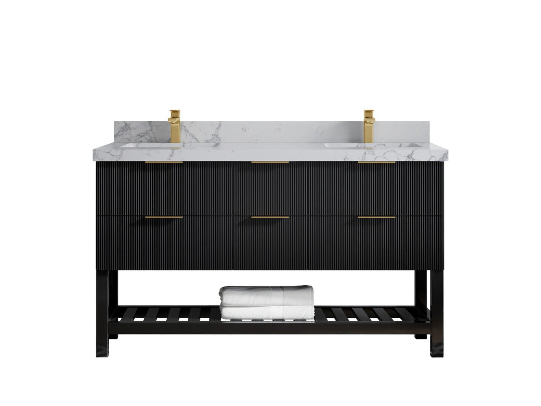 Catalina 60 in. W x 22 in. D Double Sink Bathroom Vanity in Black with 2 in Venatino Quartz Countertop