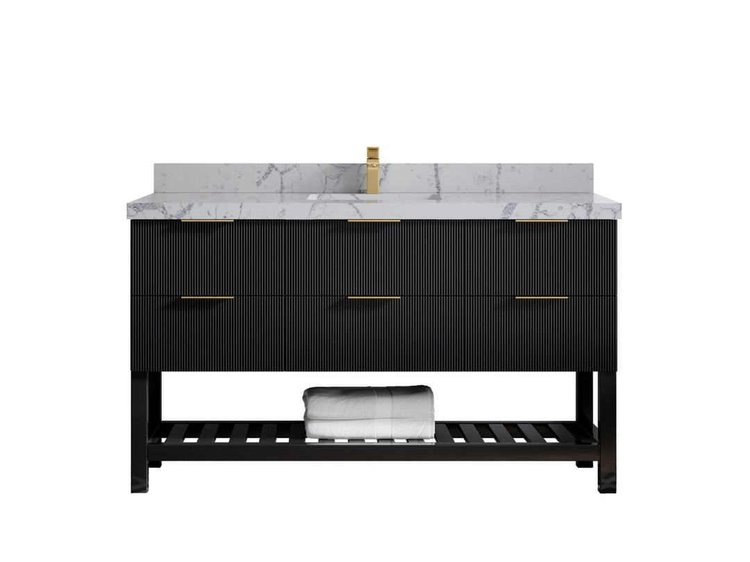 Catalina 60 in. W x 22 in. D Single Sink Bathroom Vanity in Black with 2 in Venatino Quartz Countertop
