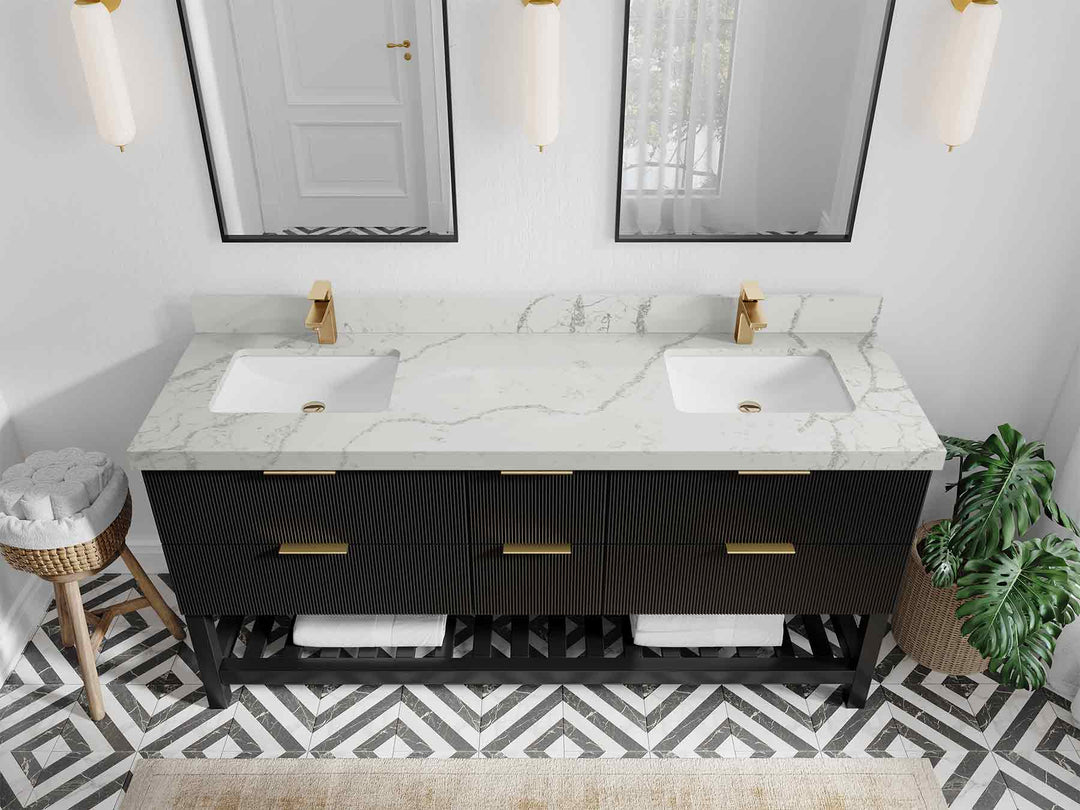 Catalina 72 in. W x 22 in. D Double Sink Bathroom Vanity in Black with 2 in Venatino Quartz Countertop - Top View