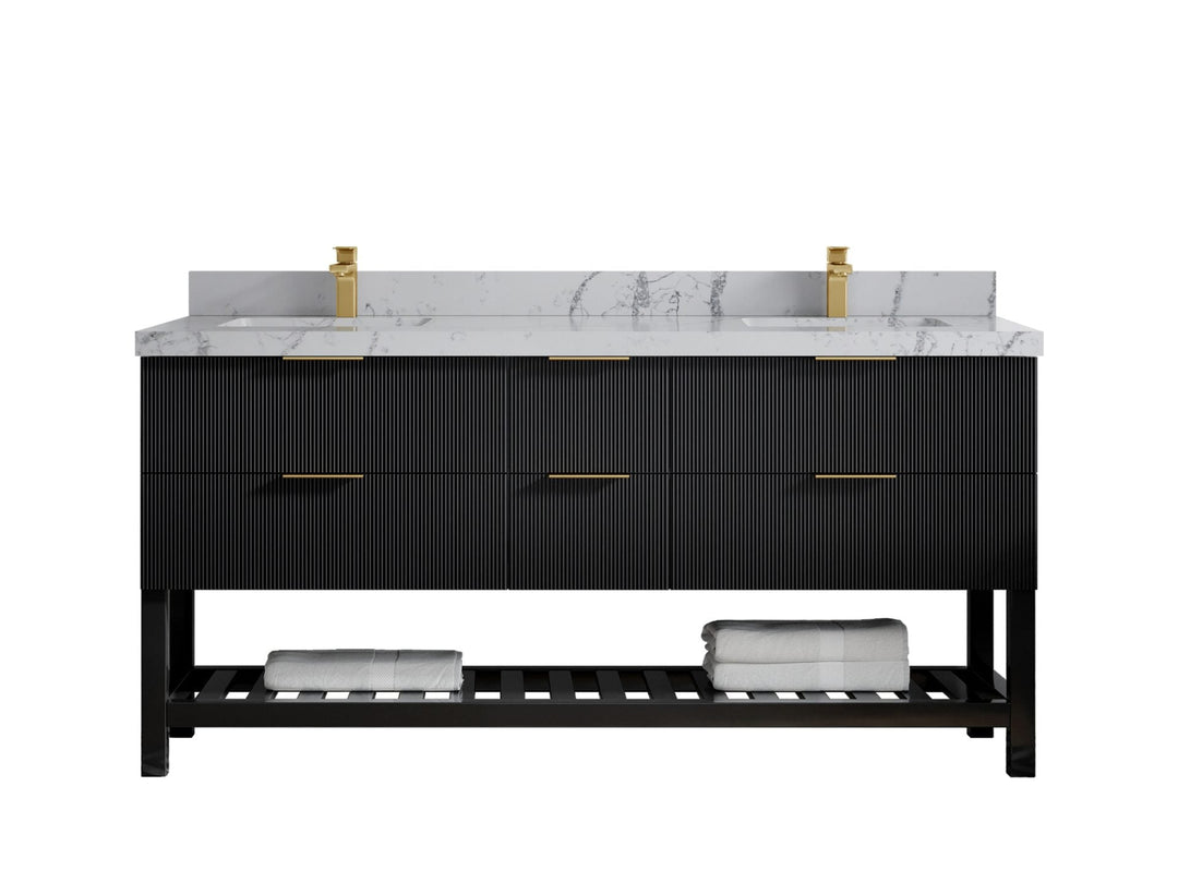Catalina 72 in. W x 22 in. D Double Sink Bathroom Vanity in Black with 2 in Venatino Quartz Countertop