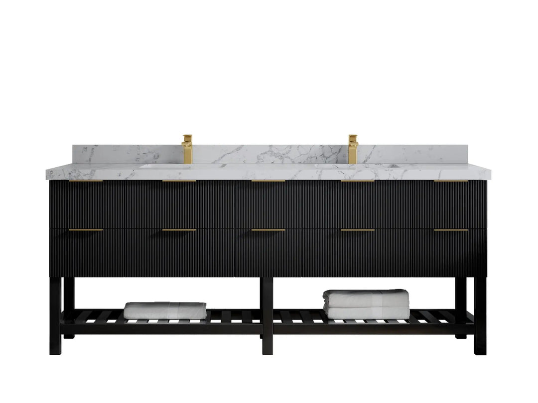 Catalina 84 in. W x 22 in. D Double Sink Bathroom Vanity in Black with 2 in Venatino Quartz Countertop