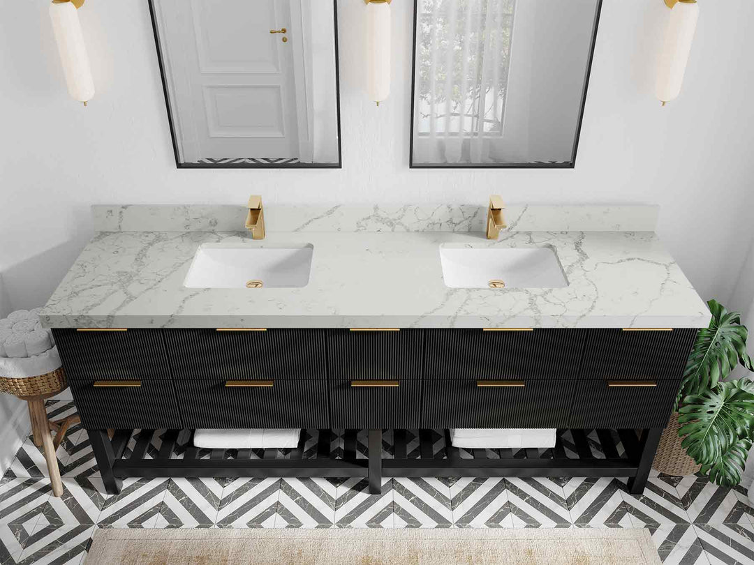 Catalina 84 in. W x 22 in. D Double Sink Bathroom Vanity in Black with 2 in Venatino Quartz Countertop - Top View