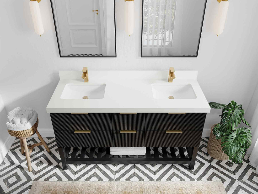 Catalina 60 in. W x 22 in. D Double Sink Bathroom Vanity in Black with 2 in White Quartz Countertop - Top View