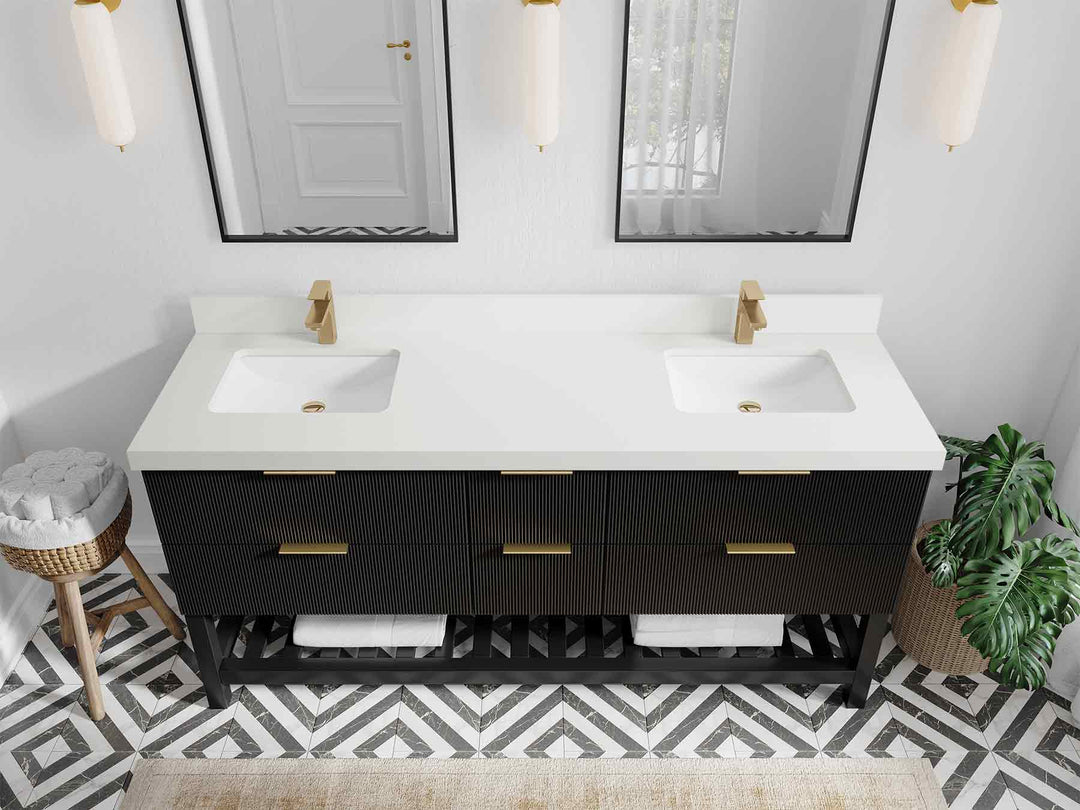 Catalina 72 in. W x 22 in. D Double Sink Bathroom Vanity in Black with 2 in White Quartz Countertop - Top View