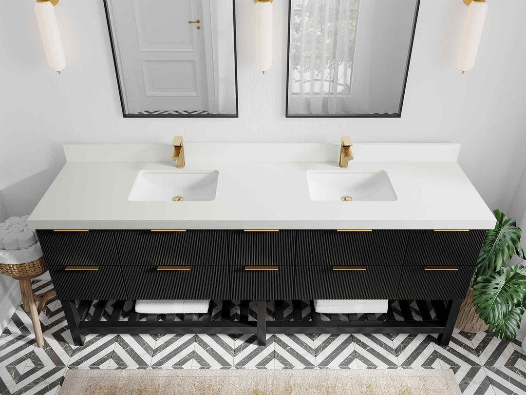 Catalina 84 in. W x 22 in. D Double Sink Bathroom Vanity in Black with 2 in White Quartz Countertop - Top View
