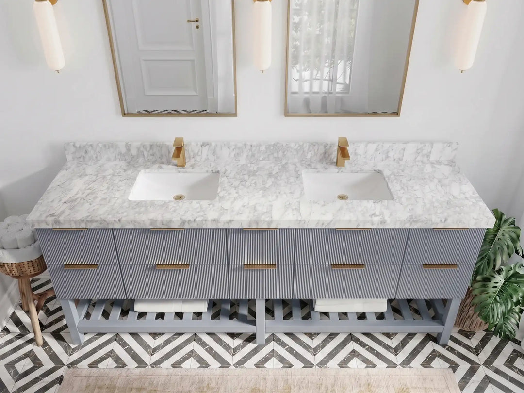 Catalina 84 in W x 22 in D Free Standing Reeded Double Sink Bathroom Vanity | 
              
                Blue Heather
                
                  
             - CAT_BLU_WHQZ_84D - photo №12