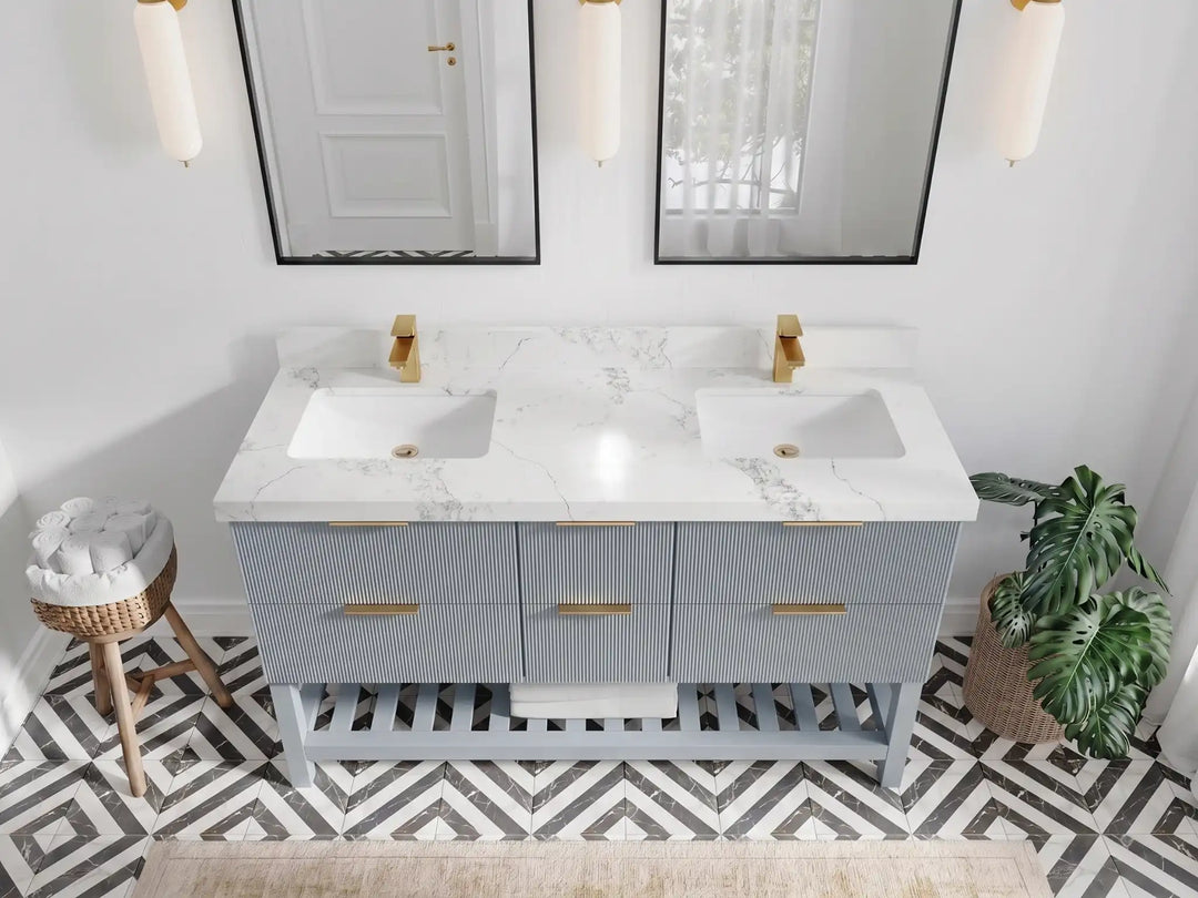 Catalina 60 in W x 22 in D Free Standing Reeded Double Sink Bathroom Vanity | 
              
                Blue Heather
                
                  
             - CAT_BLU_WHQZ_60D - photo №12