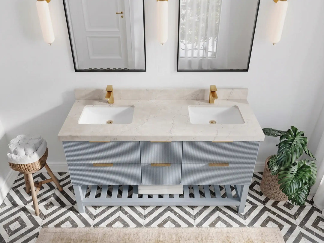 Catalina 60 in W x 22 in D Free Standing Reeded Double Sink Bathroom Vanity | 
              
                Blue Heather
                
                  
             - CAT_BLU_WHQZ_60D - photo №16