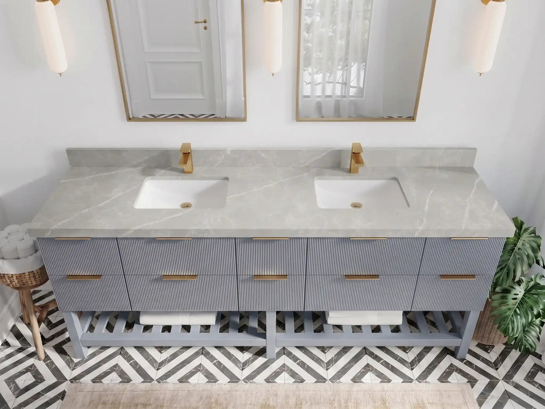 Catalina 84 in W x 22 in D Free Standing Reeded Double Sink Bathroom Vanity | 
              
                Blue Heather
                
                  
             - CAT_BLU_WHQZ_84D - photo №15