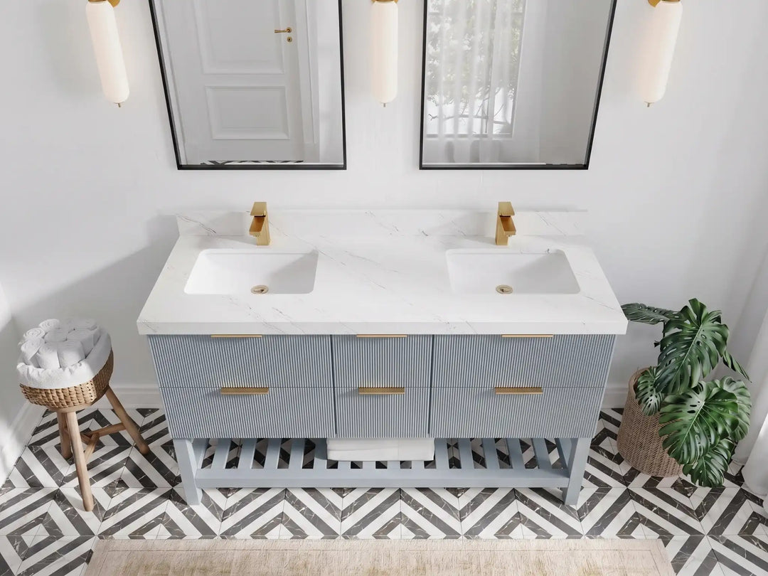 Catalina 60 in W x 22 in D Free Standing Reeded Double Sink Bathroom Vanity | 
              
                Blue Heather
                
                  
             - CAT_BLU_WHQZ_60D - photo №19