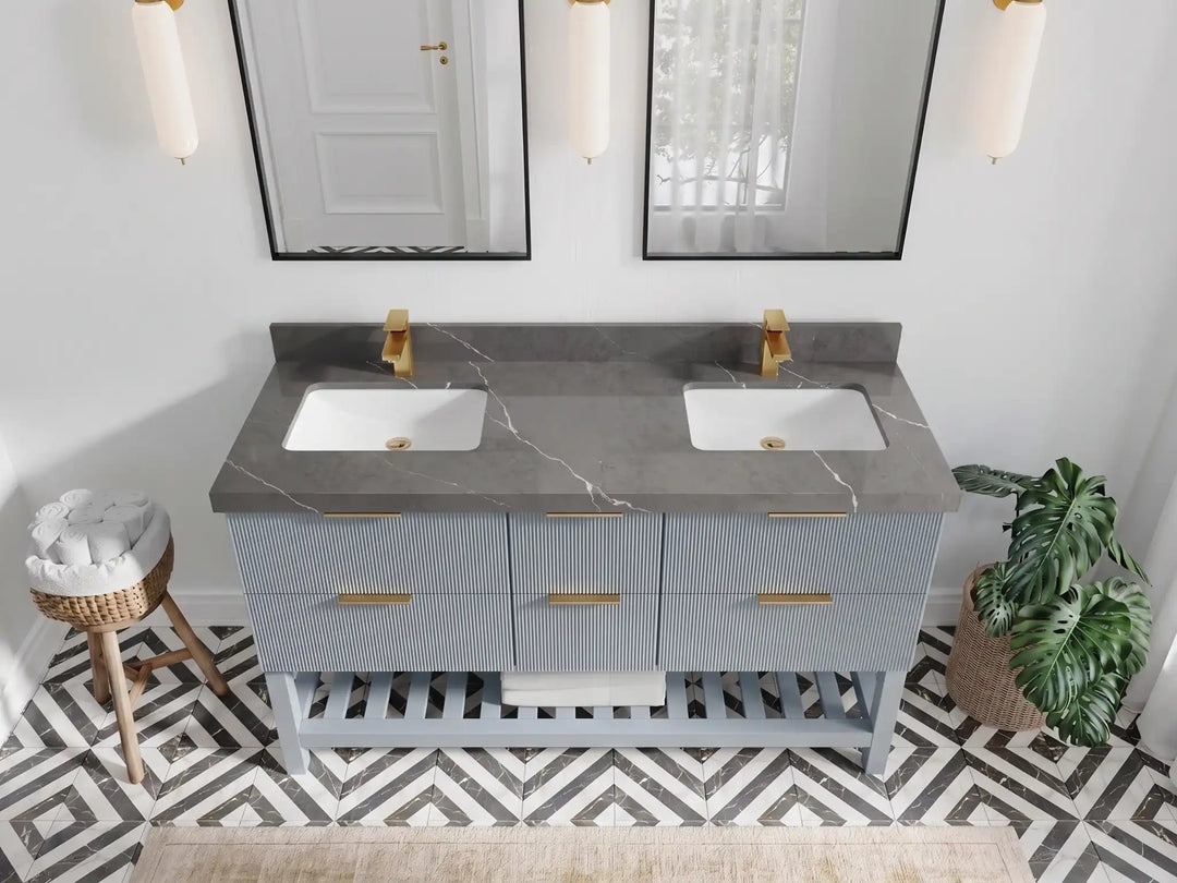 Catalina 60 in W x 22 in D Free Standing Reeded Double Sink Bathroom Vanity | 
              
                Blue Heather
                
                  
             - CAT_BLU_WHQZ_60D - photo №20
