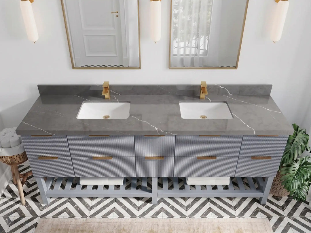 Catalina 84 in W x 22 in D Free Standing Reeded Double Sink Bathroom Vanity | 
              
                Blue Heather
                
                  
             - CAT_BLU_WHQZ_84D - photo №16