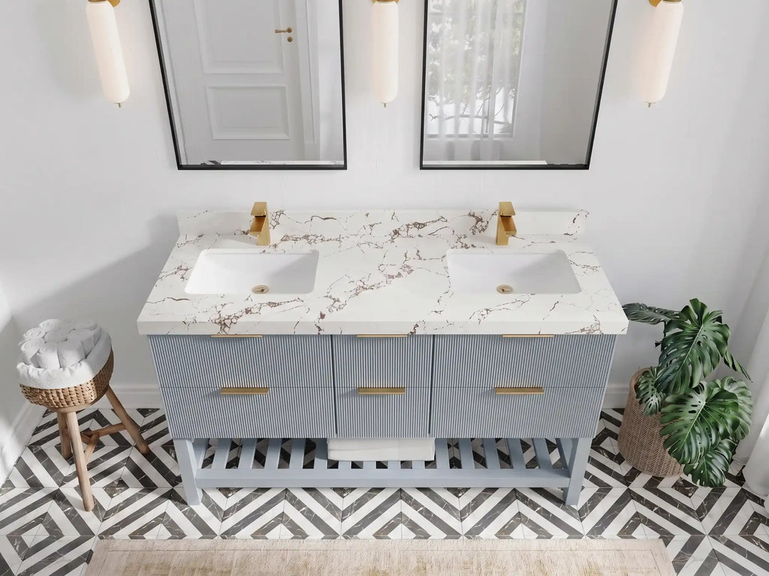 Catalina 60 in W x 22 in D Free Standing Reeded Double Sink Bathroom Vanity | 
              
                Blue Heather
                
                  
             - CAT_BLU_WHQZ_60D - photo №21