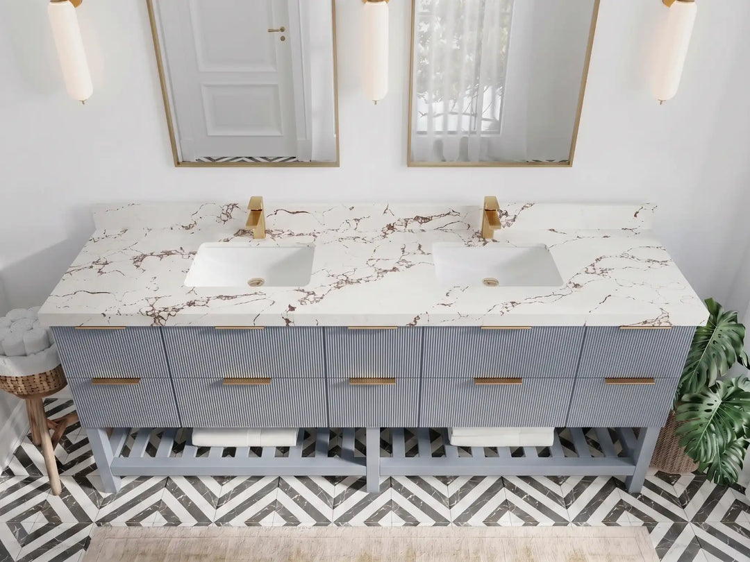 Catalina 84 in W x 22 in D Free Standing Reeded Double Sink Bathroom Vanity | 
              
                Blue Heather
                
                  
             - CAT_BLU_WHQZ_84D - photo №16