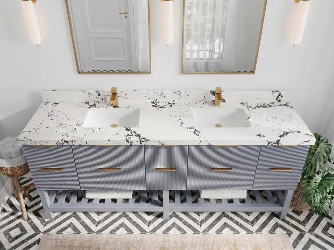 Catalina 84 in W x 22 in D Free Standing Reeded Double Sink Bathroom Vanity | 
              
                Blue Heather
                
                  
             - CAT_BLU_WHQZ_84D - photo №19