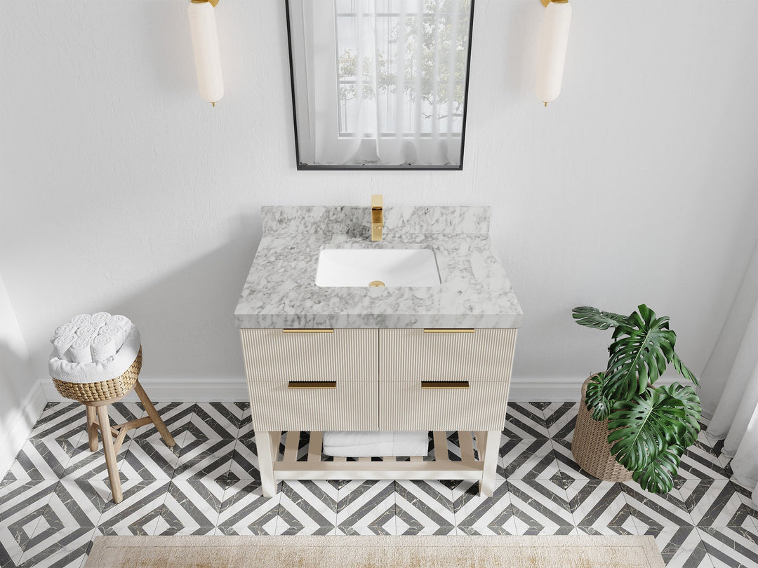 Catalina 36 in. W x 22 in. D Single Sink Bathroom Vanity in Fine Grain with 2 in Carrara Marble Countertop - Top View