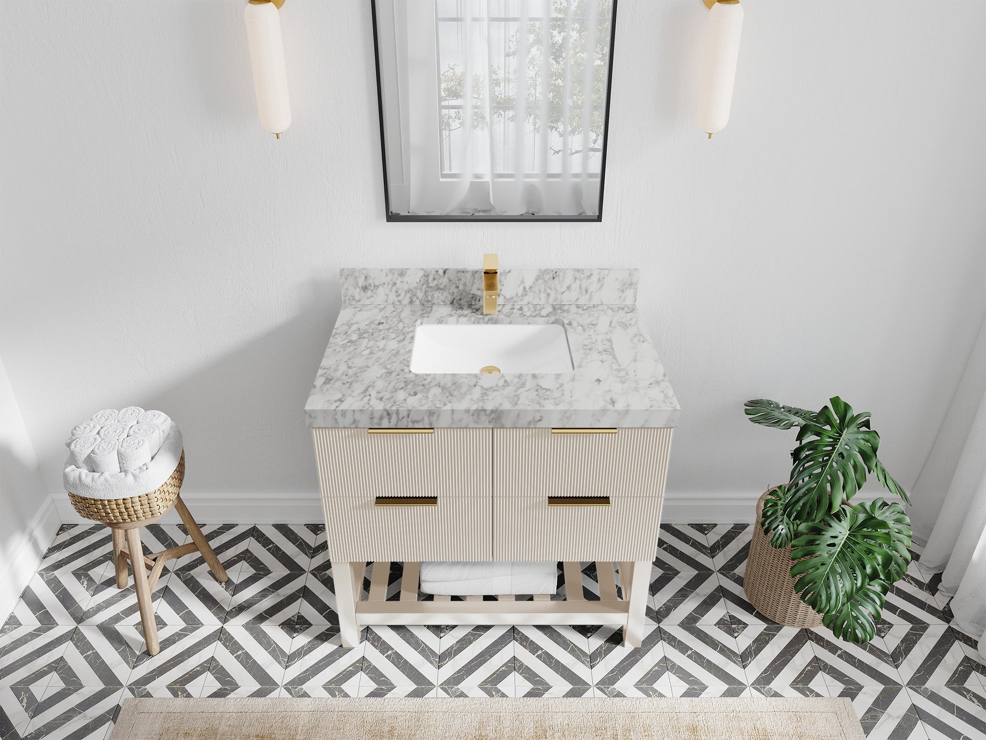 Catalina 36 in. W x 22 in. D Single Sink Bathroom Vanity in Fine Grain with 2 in Carrara Marble Countertop - Top View
