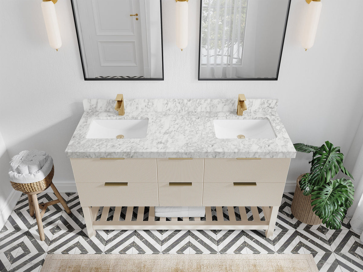Catalina 60 in. W x 22 in. D Double Sink Bathroom Vanity in Fine Grain with 2 in Carrara Marble Countertop - Top View