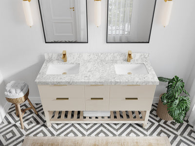 Catalina 60 in. W x 22 in. D Double Sink Bathroom Vanity in Fine Grain with 2 in Carrara Marble Countertop - Top View