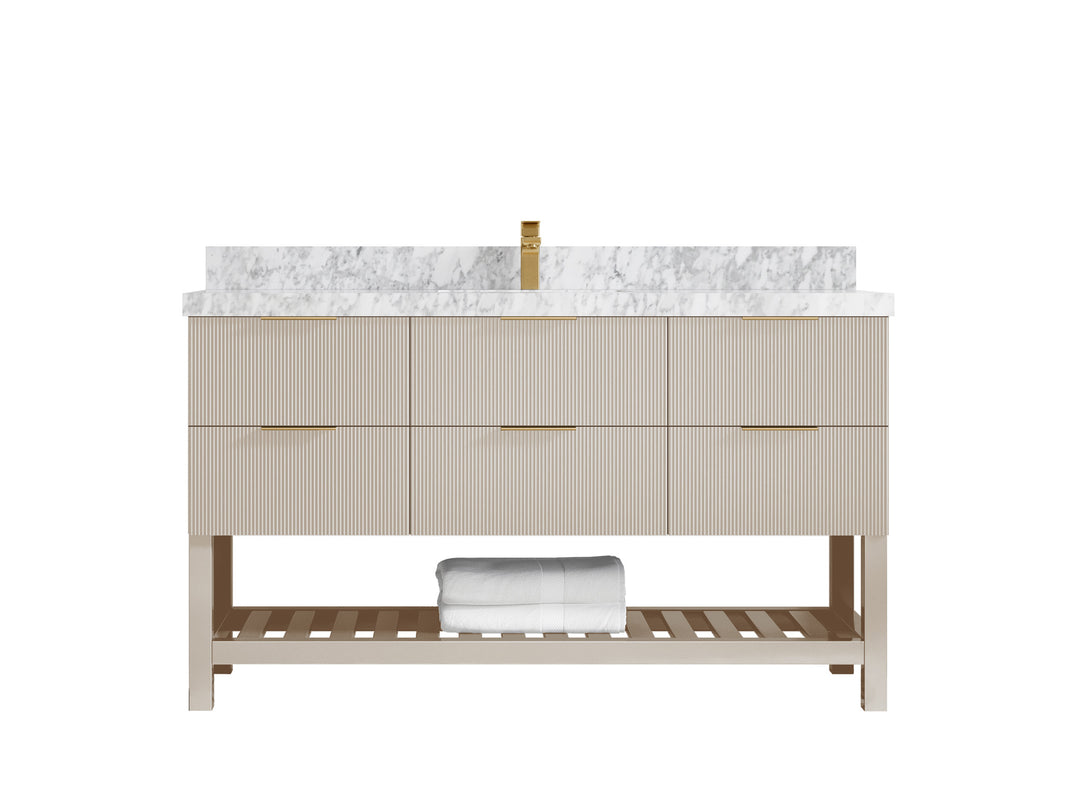 Catalina 60 in. W x 22 in. D Single Sink Bathroom Vanity in Fine Grain with 2 in Carrara Marble Countertop