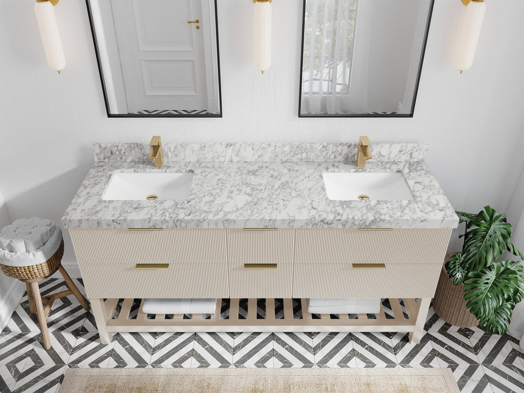 Catalina 72 in. W x 22 in. D Double Sink Bathroom Vanity in Fine Grain with 2 in Carrara Marble Countertop - Top View