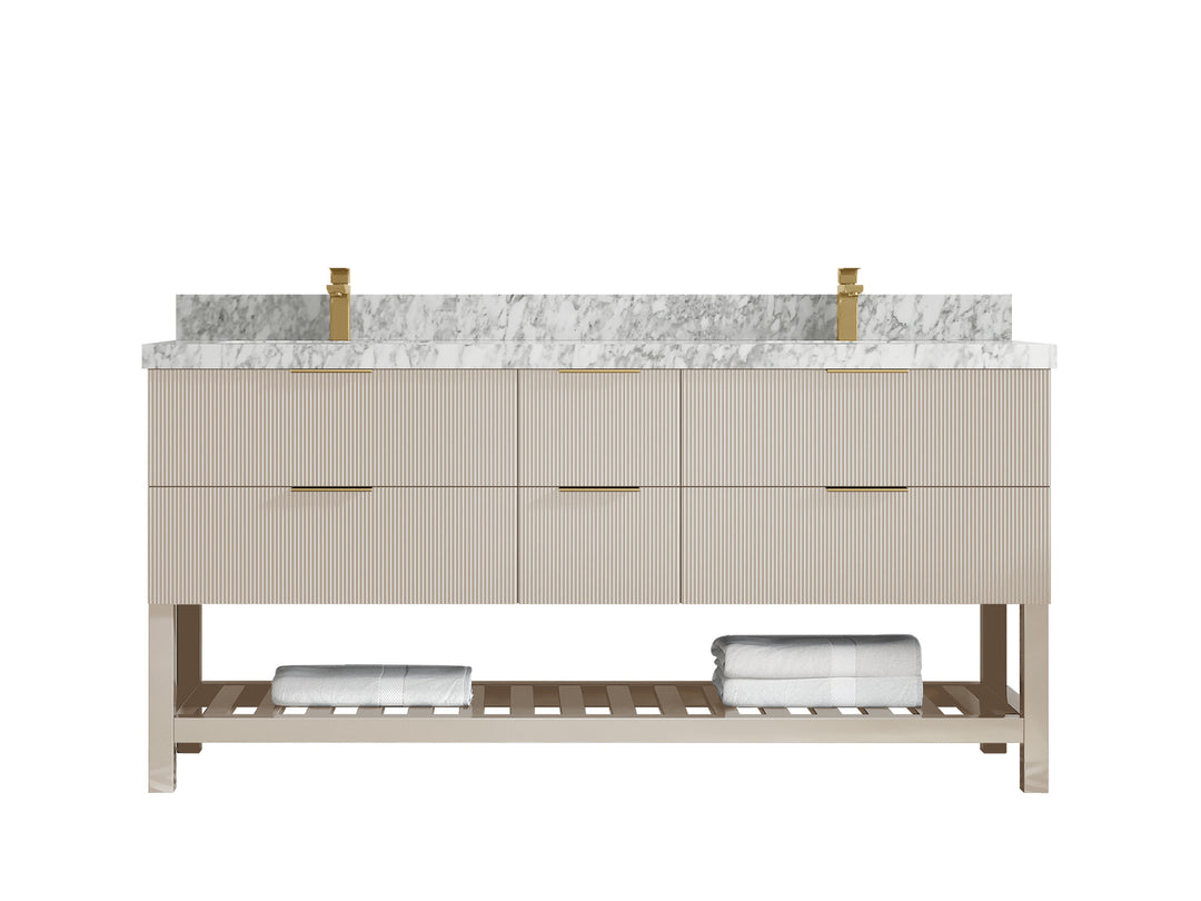 Catalina 72 in. W x 22 in. D Double Sink Bathroom Vanity in Fine Grain with 2 in Carrara Marble Countertop
