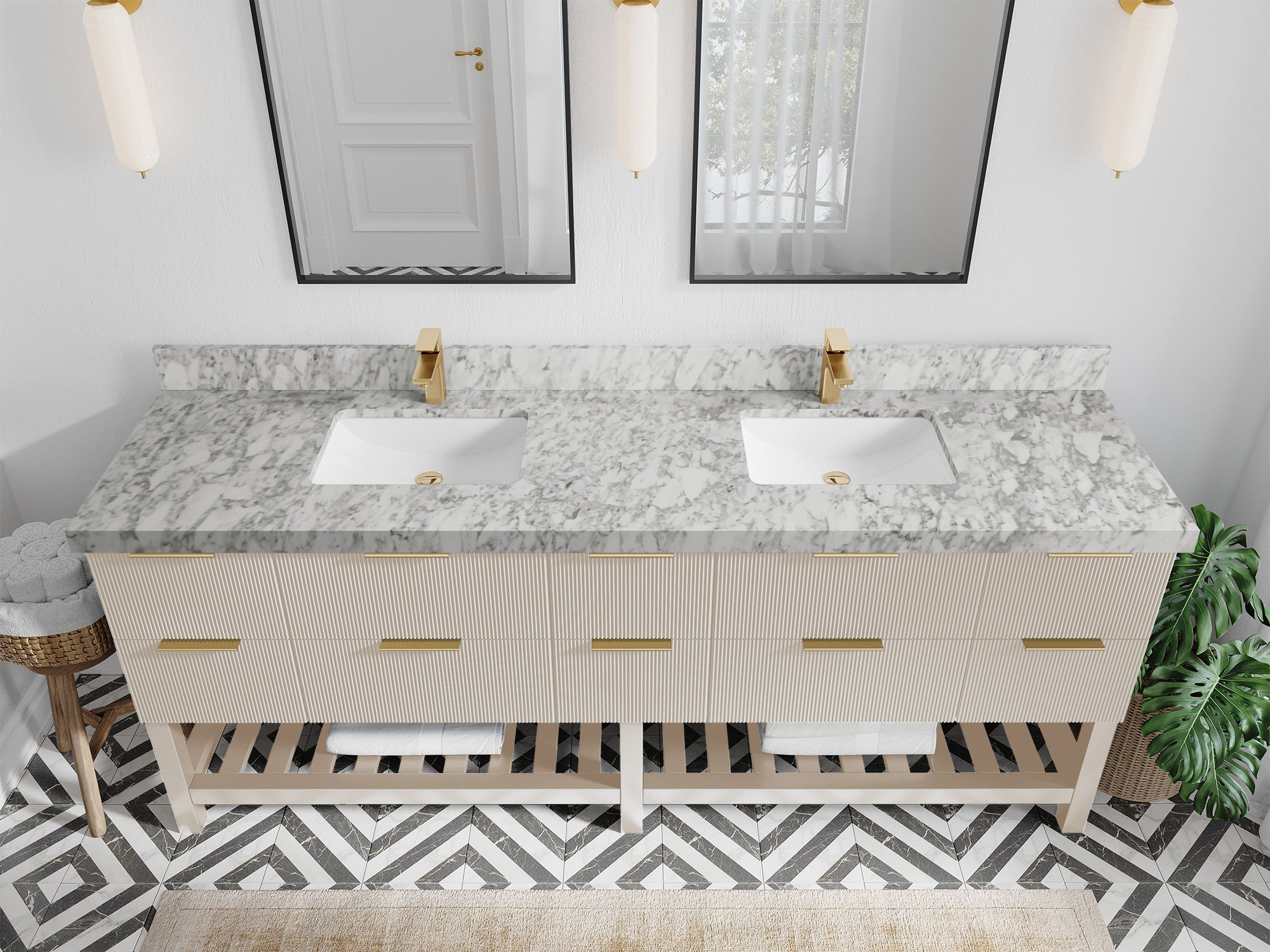 Catalina 84 in. W x 22 in. D Double Sink Bathroom Vanity in Fine Grain with 2 in Carrara Marble Countertop - Top View