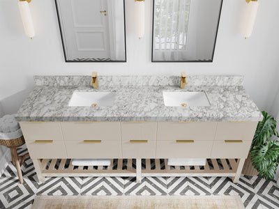 Catalina 84 in. W x 22 in. D Double Sink Bathroom Vanity in Fine Grain with 2 in Carrara Marble Countertop - Top View