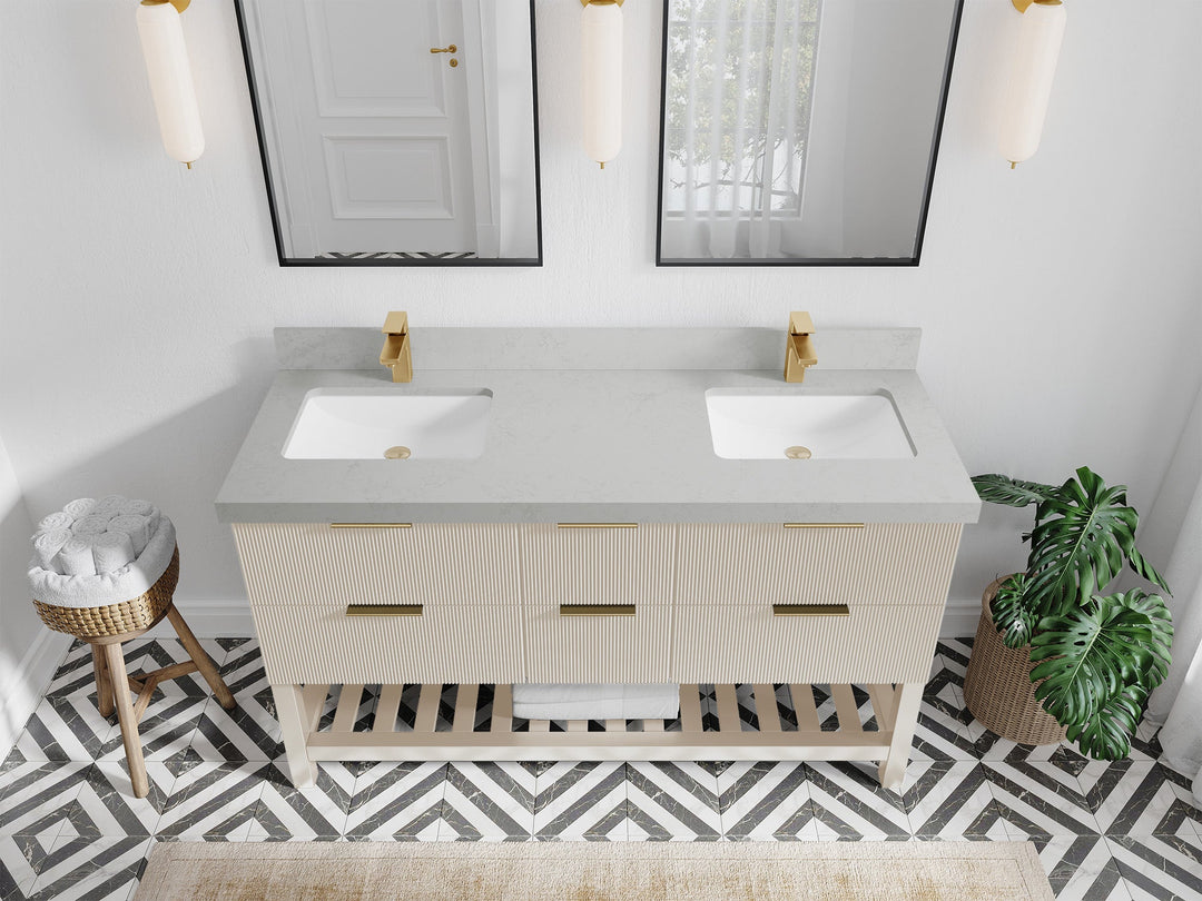 Catalina 60 in. W x 22 in. D Double Sink Bathroom Vanity in Fine Grain with 2 in Carrara Quartz Countertop - Top View