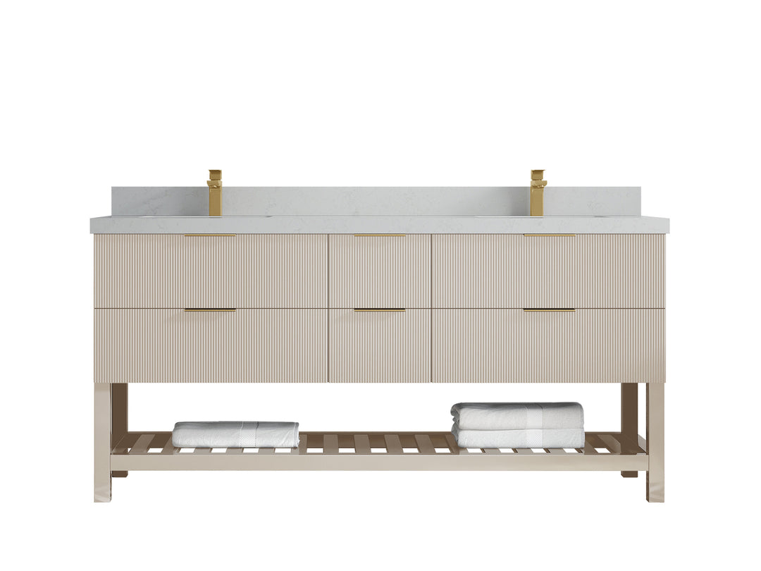 Catalina 72 in. W x 22 in. D Double Sink Bathroom Vanity in Fine Grain with 2 in Carrara Quartz Countertop